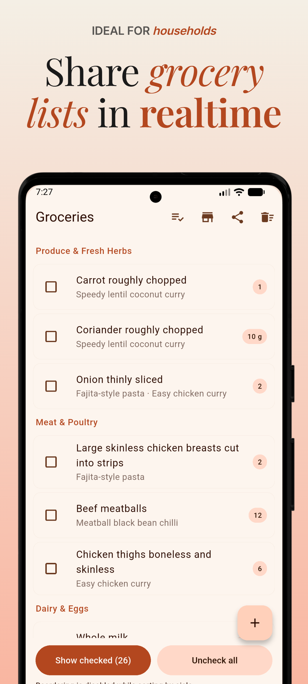 DinnerFlow grocery list screen showing AI-sorted aisle categories and checked items