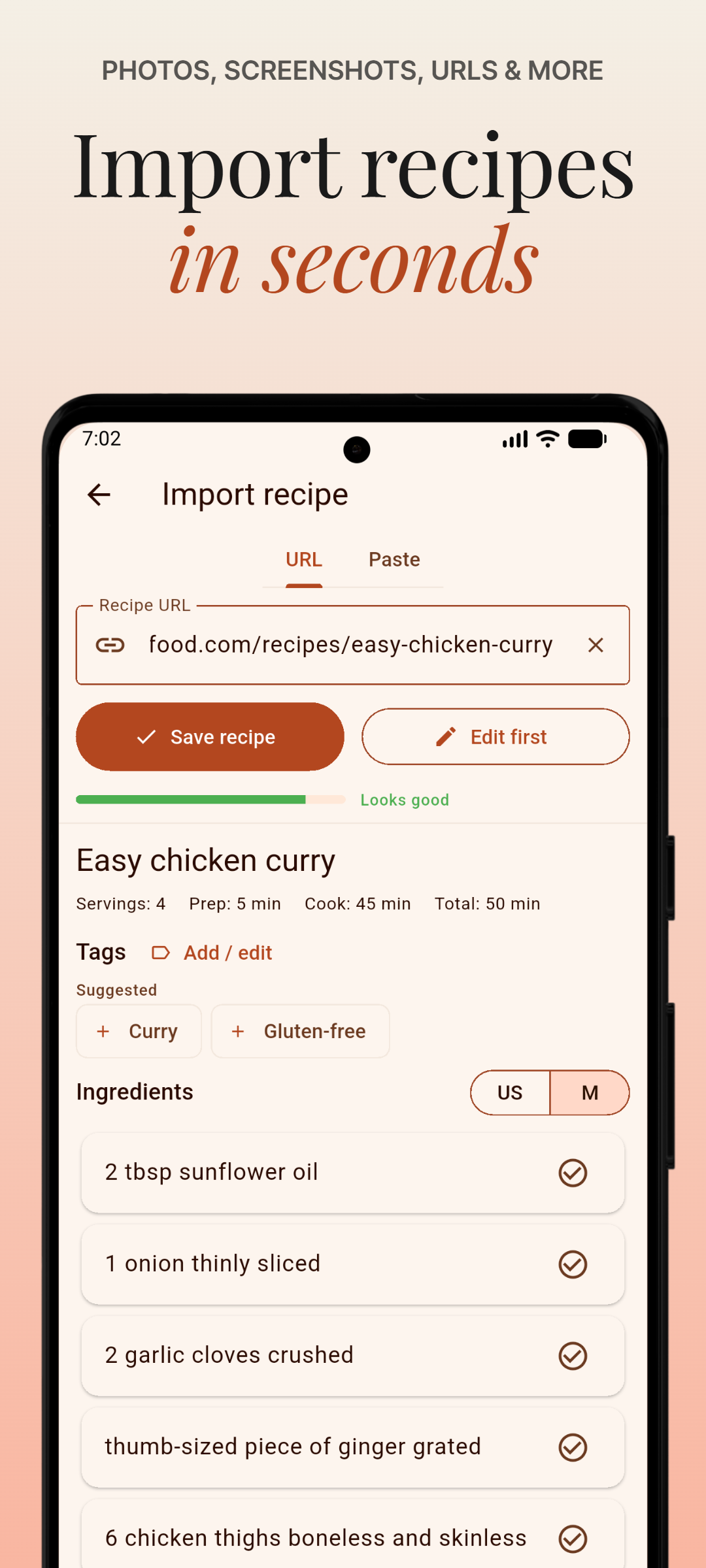 DinnerFlow recipe import screen showing URL, photo, paste, and manual import options