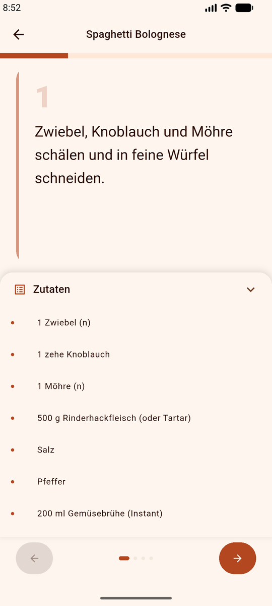 Kochmodus in DinnerFlow: ein einzelner Zubereitungsschritt im Vollbild, mit Schrittanzeige und dauerhaft eingeschaltetem Bildschirm