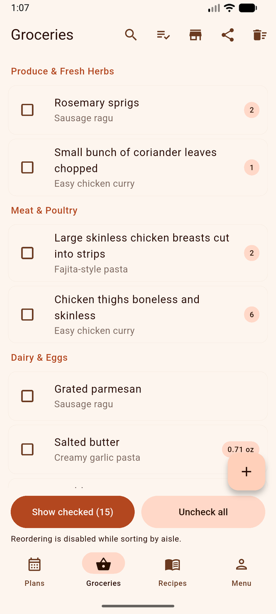 DinnerFlow grocery list grouped under Produce & Fresh Herbs, Meat & Poultry and Dairy & Eggs headings, each item labelled with the recipe it came from