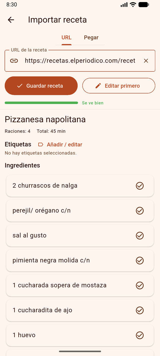 Importación de receta en DinnerFlow con una URL pegada y la receta ya interpretada debajo