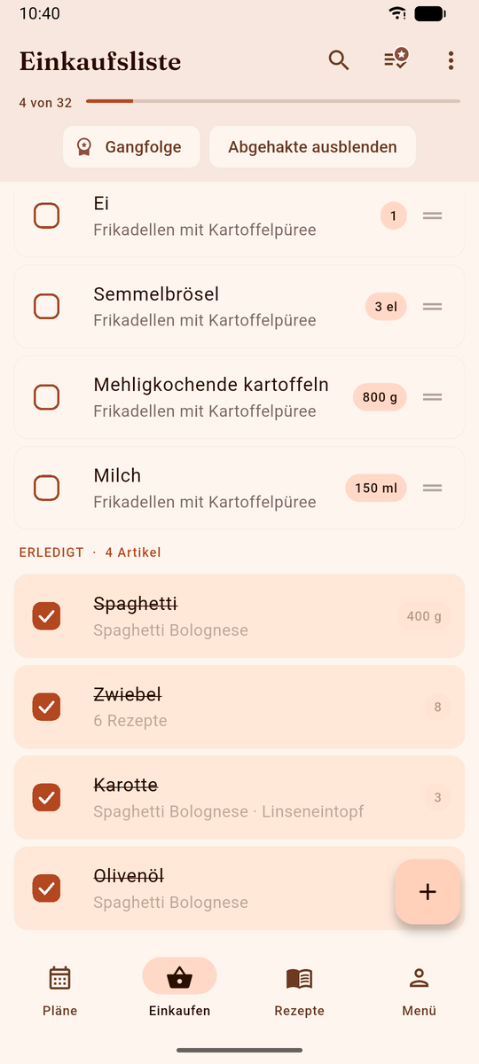 Einkaufsliste in DinnerFlow mitten im Einkauf, vier abgehakte Posten durchgestrichen unter der Überschrift Erledigt, der Rest steht noch offen