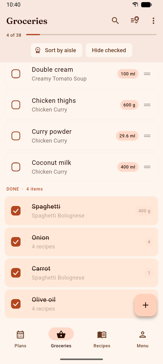 DinnerFlow grocery list part-way through a shop, four items struck through under a DONE divider and the rest still to get, with a 4 of 38 progress bar at the top
