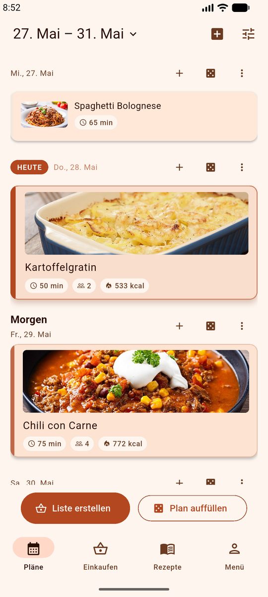 Wochenplan in DinnerFlow auf Deutsch, in dem die Gerichte der Woche auf konkreten Tagen liegen