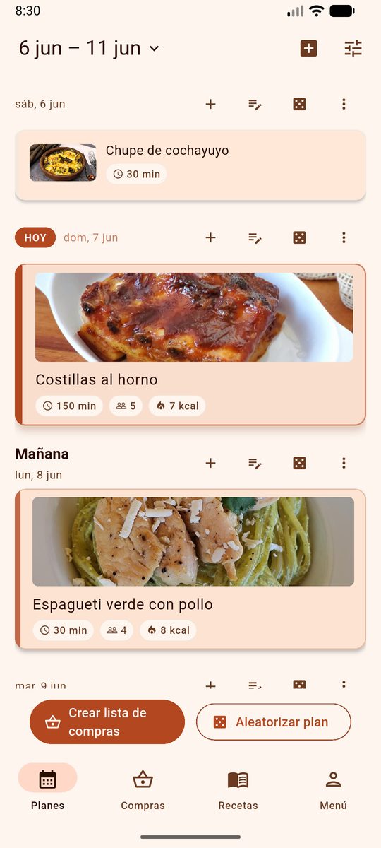 El planificador semanal de DinnerFlow con una receta en cada día, con foto y tiempo de preparación