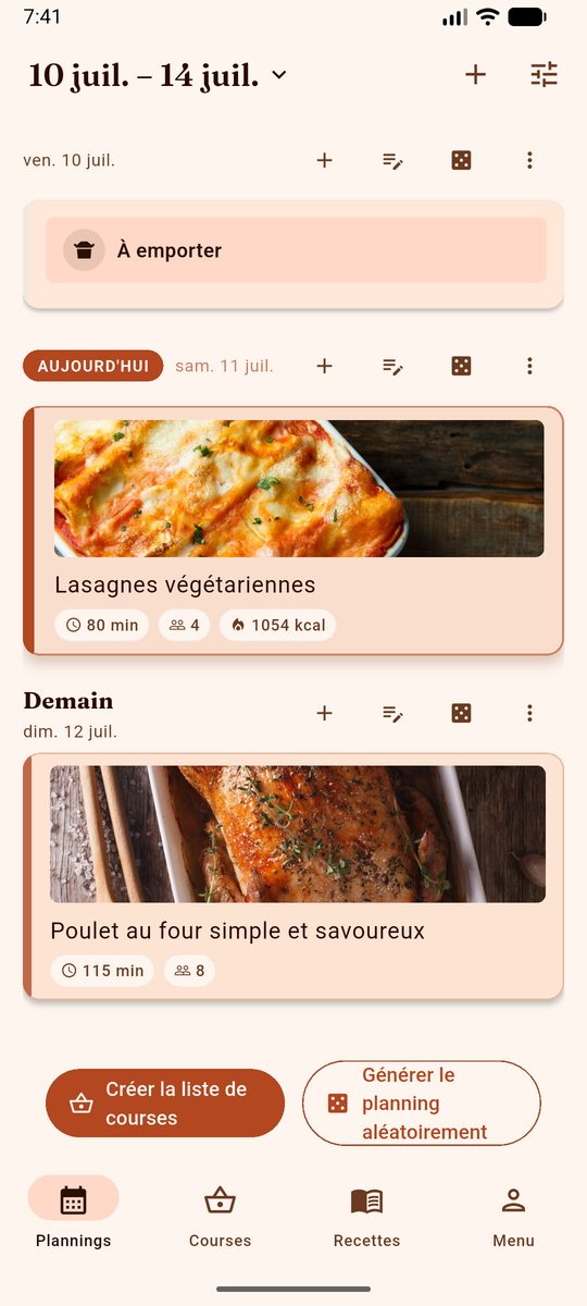 Le planning de la semaine dans DinnerFlow, avec une recette par jour, sa photo, son temps et le nombre de parts