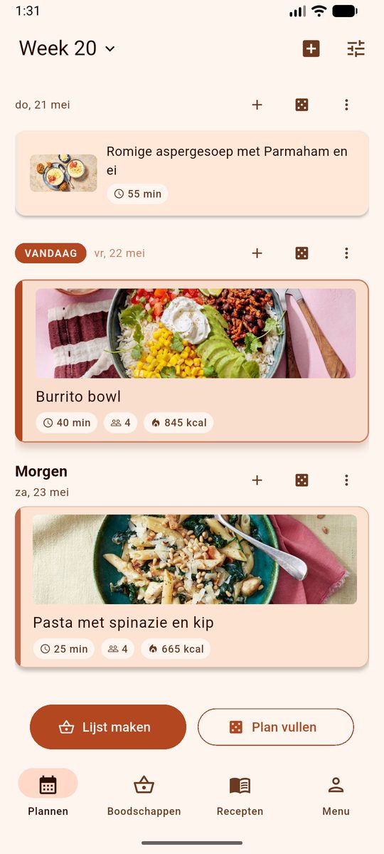 De weekplanner van DinnerFlow met op elke dag een ander gerecht, met foto en bereidingstijd