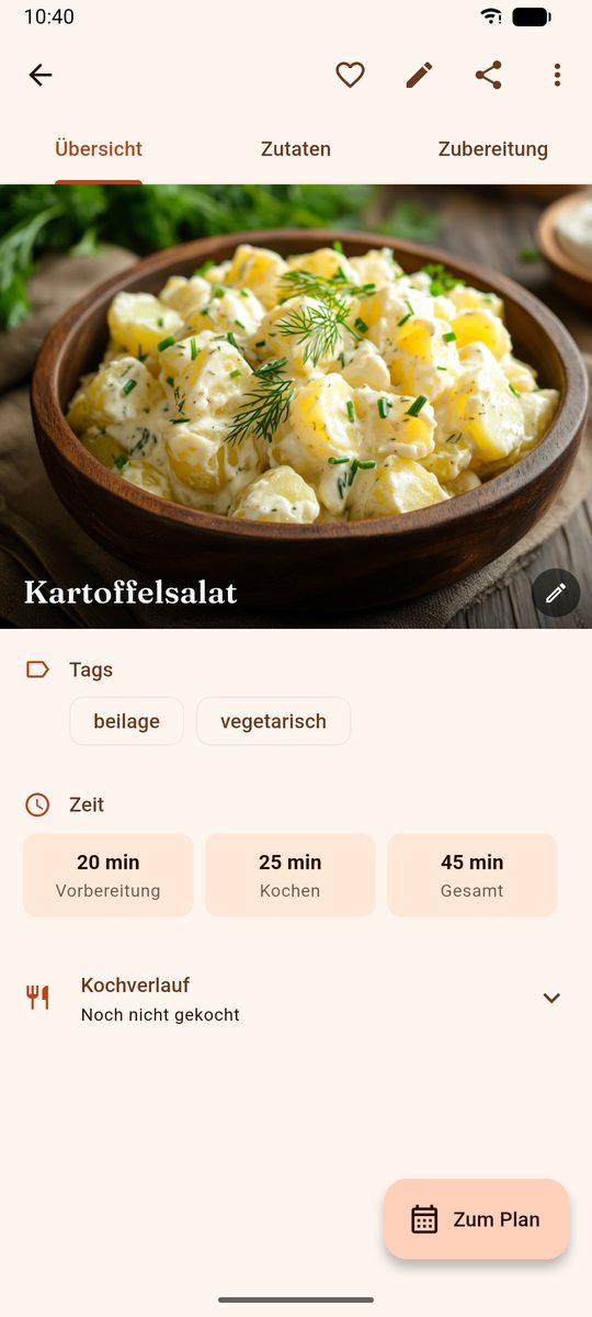 Ein gespeichertes Rezept in DinnerFlow mit eigenem Foto, eigenen Schlagwörtern und getrennt ausgewiesener Vorbereitungs-, Koch- und Gesamtzeit