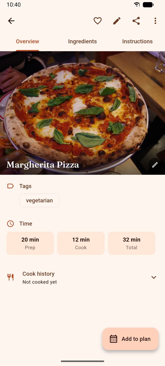 A single recipe in DinnerFlow with its own photo, its tag, and prep, cook and total time shown as three separate figures