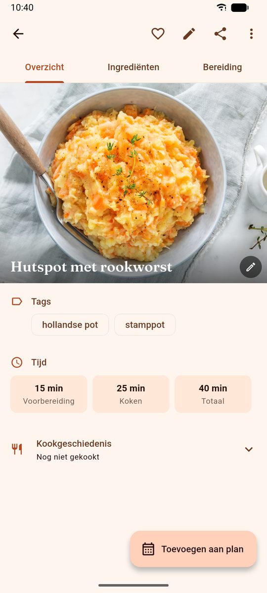 Een opgeslagen recept in DinnerFlow met eigen foto, een eigen label en voorbereidings-, kook- en totaaltijd los van elkaar