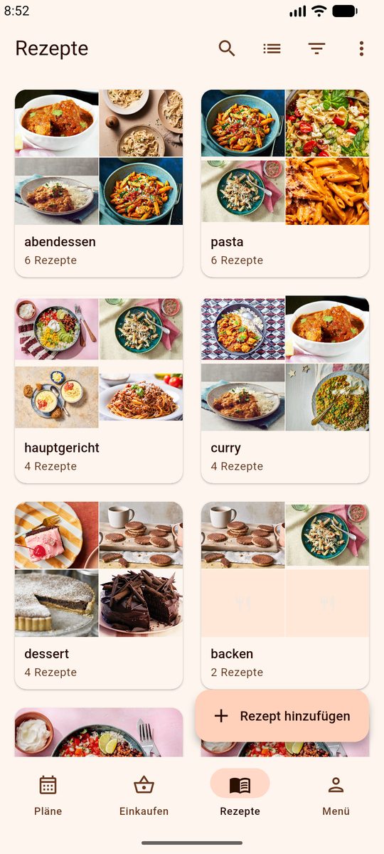 Rezeptbibliothek in DinnerFlow mit gespeicherten Gerichten, jeweils mit Foto, Titel und Zubereitungszeit