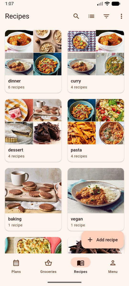 The DinnerFlow recipe library grouped into tagged collections such as dinner, curry, dessert and pasta, each showing a photo mosaic and a recipe count