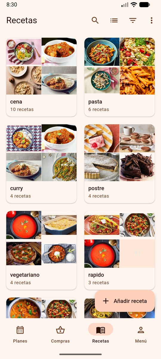 La biblioteca de recetas de DinnerFlow en español, agrupada por etiquetas propias, con un collage de fotos por cada grupo