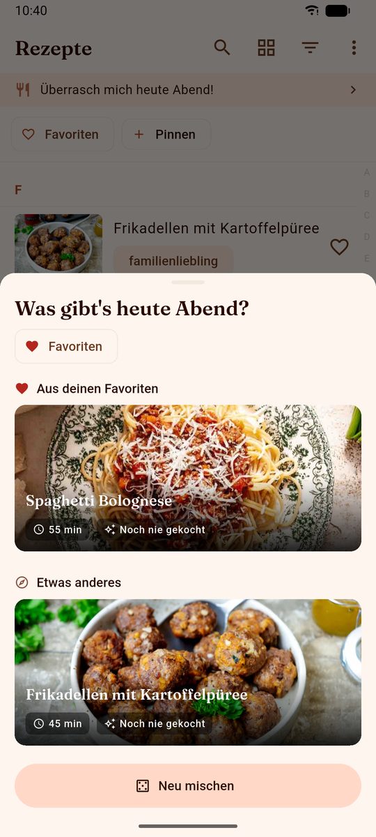 Die Funktion Überrasch mich in DinnerFlow mit Vorschlägen aus der eigenen Sammlung, jeweils mit Zubereitungszeit und dem Hinweis noch nie gekocht