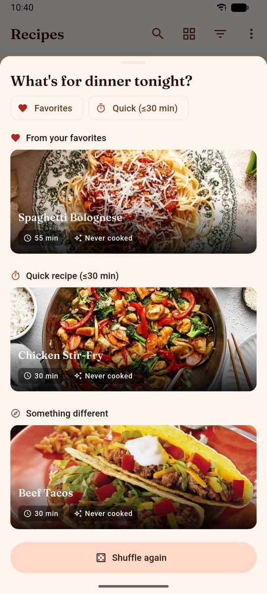 DinnerFlow's Surprise Me sheet offering three recipes, one labelled from your favourites, one a quick recipe under thirty minutes and one as something different, each with its cooking time