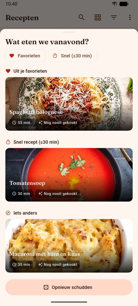 Het Surprise Me-venster van DinnerFlow met drie recepten naast elkaar, een uit de favorieten, een snel recept onder dertig minuten en een onder het kopje iets anders, elk met kooktijd