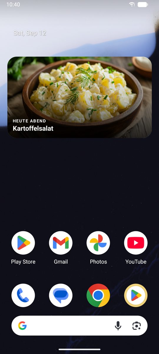 Android-Startbildschirm mit dem DinnerFlow-Widget, das Heute Abend und das geplante Gericht mit Foto anzeigt