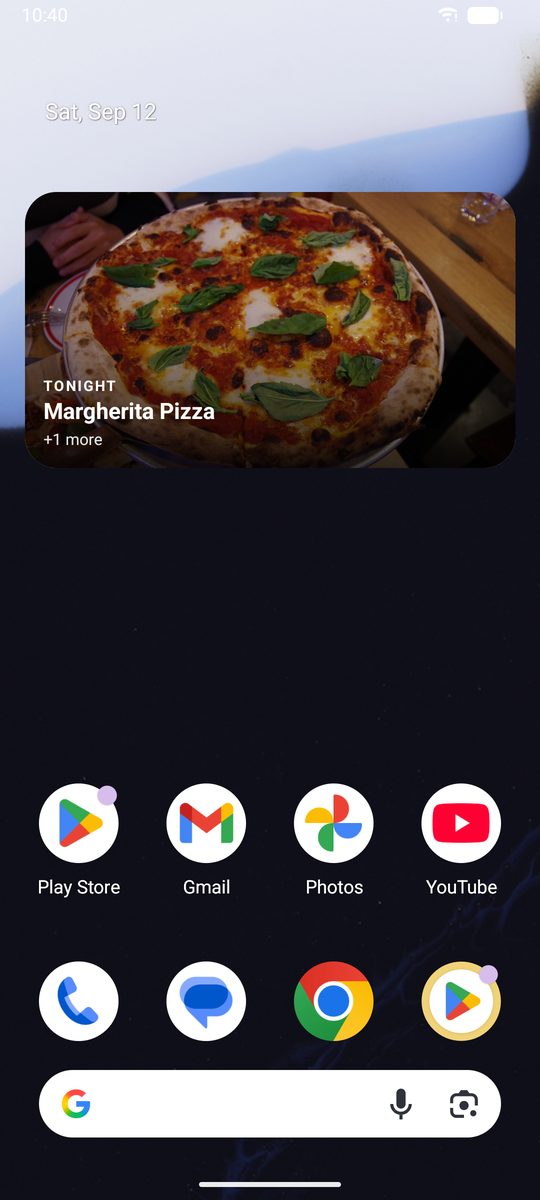 Android home screen with the DinnerFlow widget showing TONIGHT above the name of the planned dinner and a photo of it