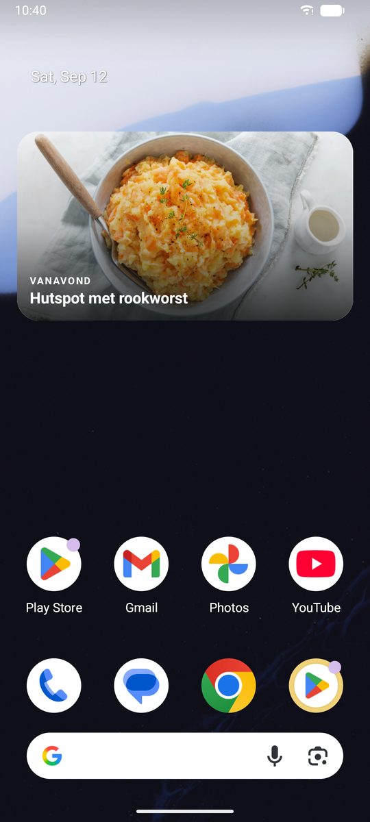 Android-beginscherm met de DinnerFlow-widget die Vanavond en het geplande gerecht met foto laat zien